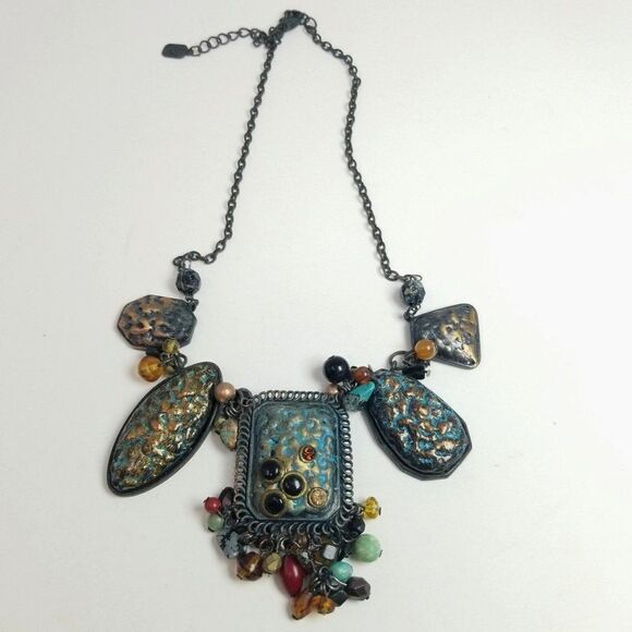 Vintage Chunky Boho Black and Blue Collar Necklace, Beaded Fringe, Bold - Picture 1 of 4